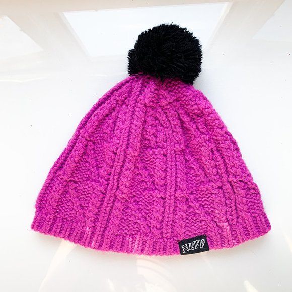 Neff Headwear Fuchsia Cable Knit Black Pom Beanie - Picture 1 of 5